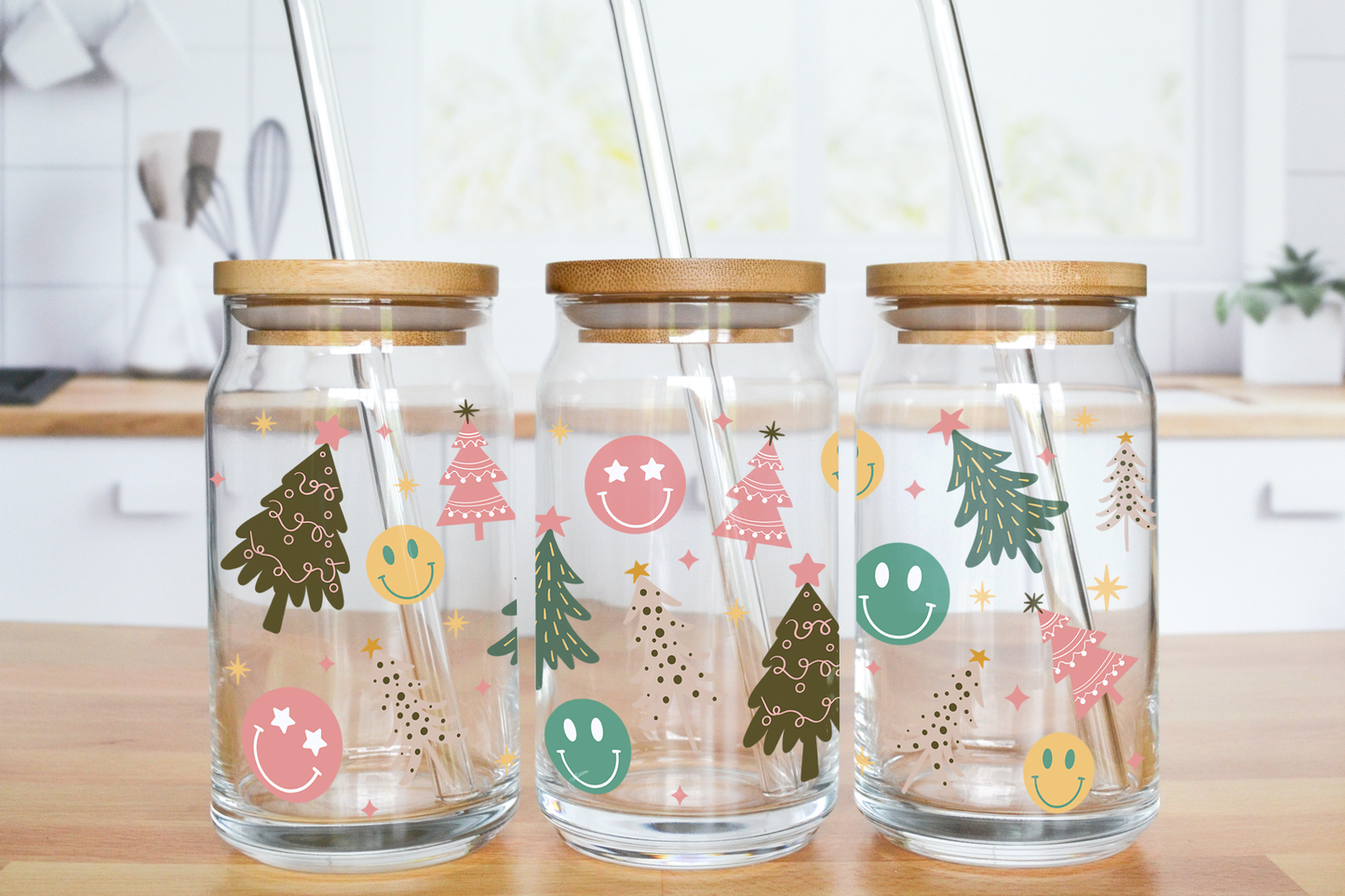 Smiley Christmas Theme - UV DTF 16 oz Libbey Cup Wrap (Ready to Ship)