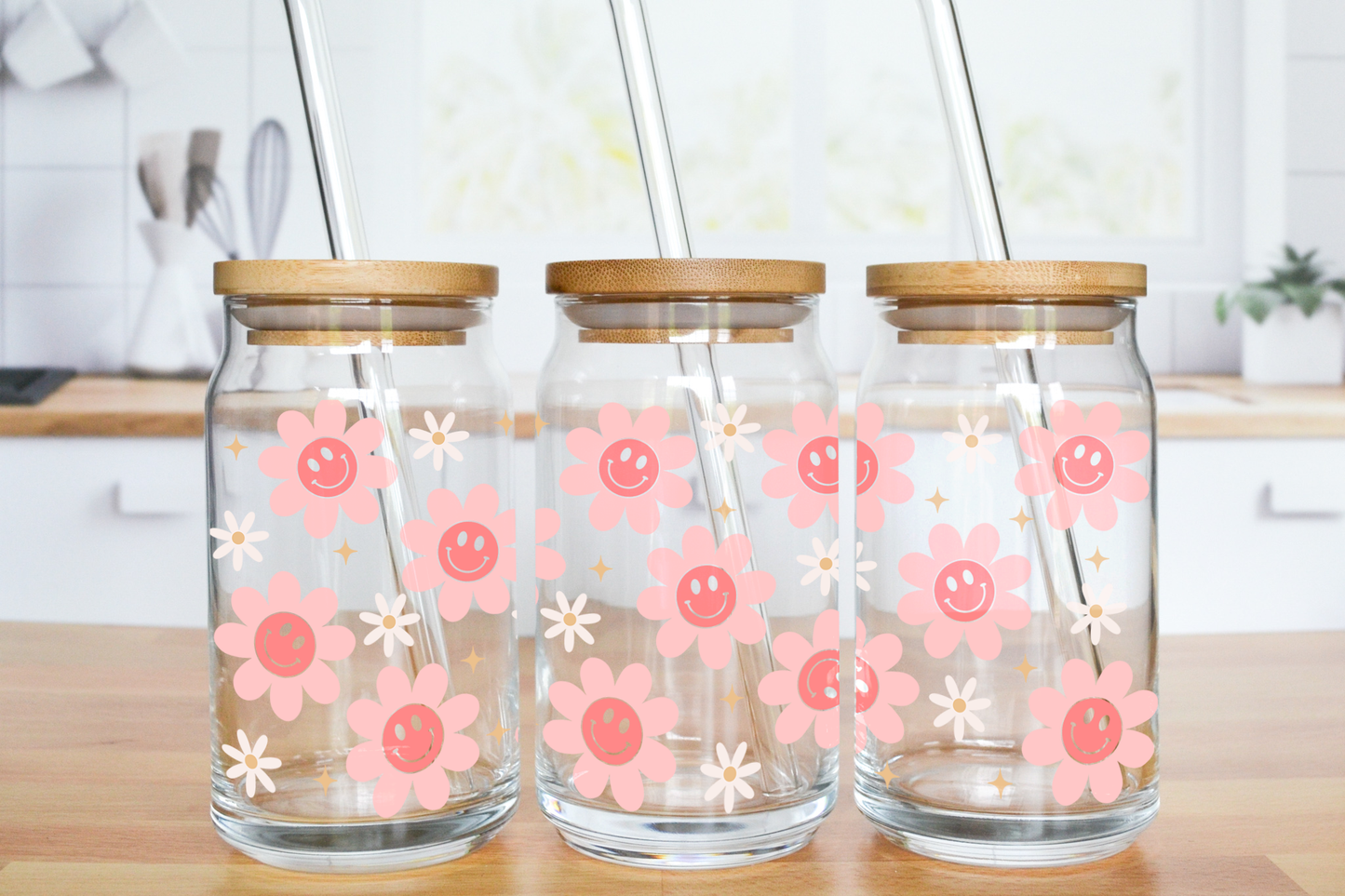 Smiley Flowers - UV DTF 20 oz Libbey Cup Wrap (Ready to Ship)