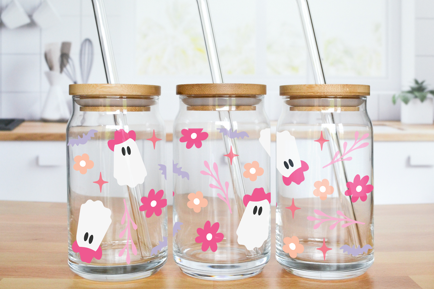 Sparkling Ghost - UV DTF 16 oz Libbey Cup Wrap (Ready to Ship)