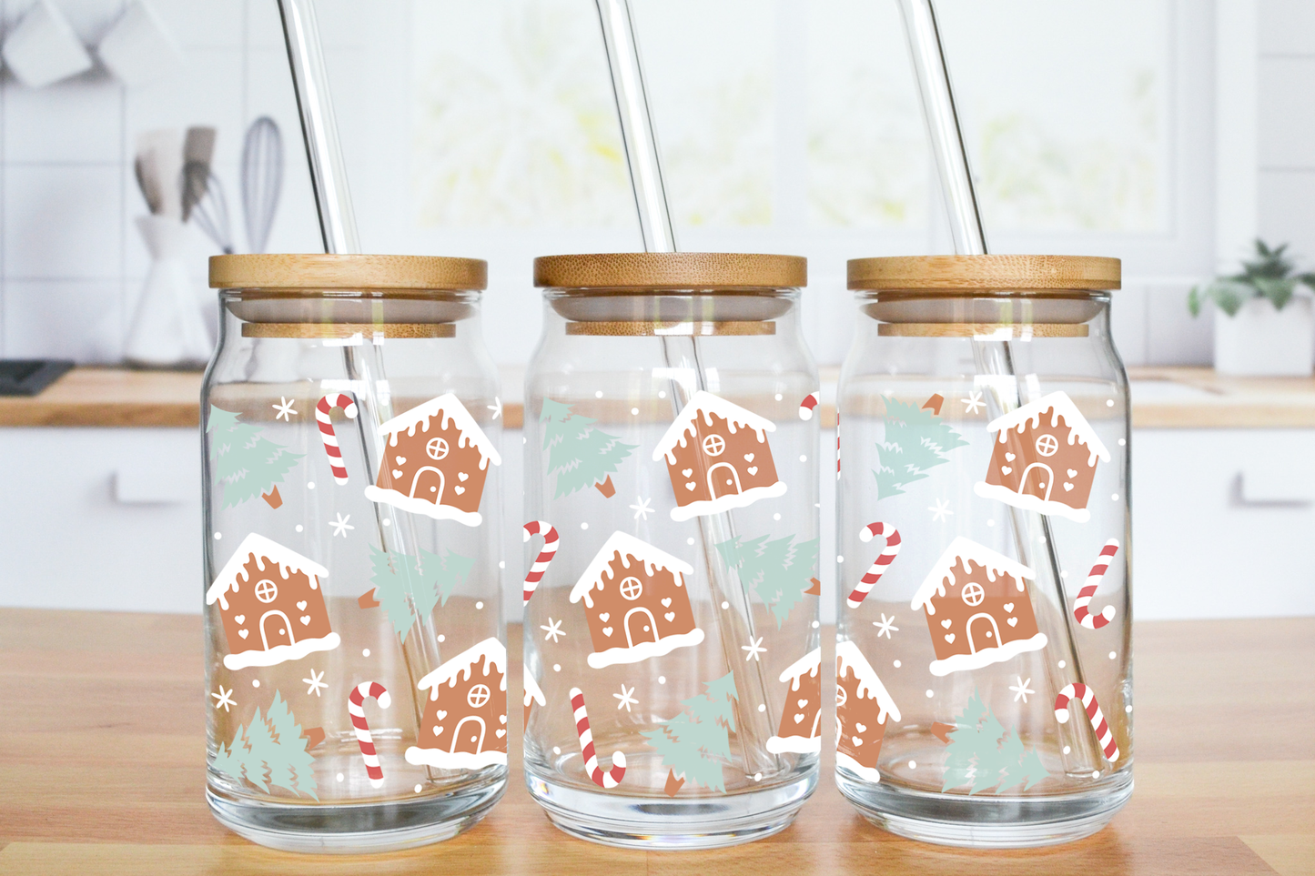 Winter Gingerbread Snow Houses - UV DTF 16 oz Libbey Cup Wrap (Ready to Ship)