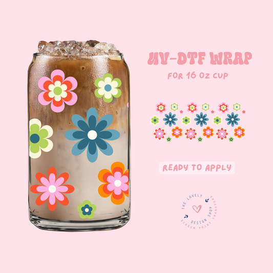 Retro Flowers 70's - UV DTF 16 oz Libbey Cup Wrap - Feb 12