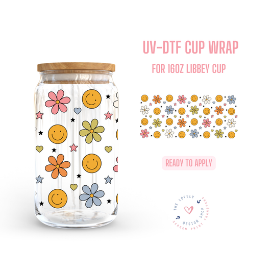 Smiles & Flowers - UV DTF 16 oz Libbey Cup Wrap (Ready to Ship) Jun 10