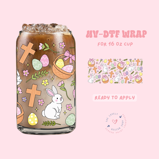 Easter Bunnies, Eggs and Cross - UV DTF 16 oz Libbey Cup Wrap - Feb 19