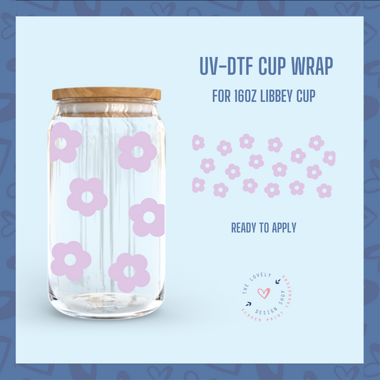 Purple Retro Flowers - UV DTF 16 oz Libbey Cup Wrap (Ready to Ship)