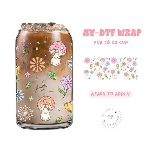 Spring Mushroom Doodles - UV DTF 16 oz Libbey Cup Wrap - Feb 12