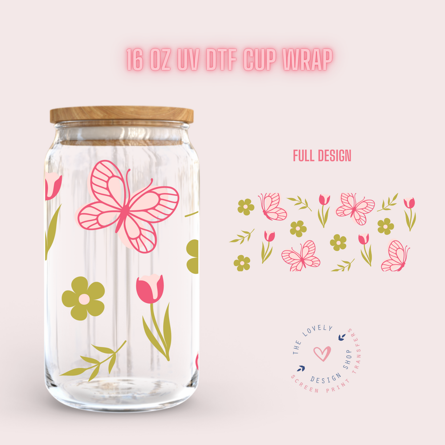 Spring Garden Butterflies - UV DTF 16 oz Libbey Cup Wrap (Ready to Ship) Feb 5