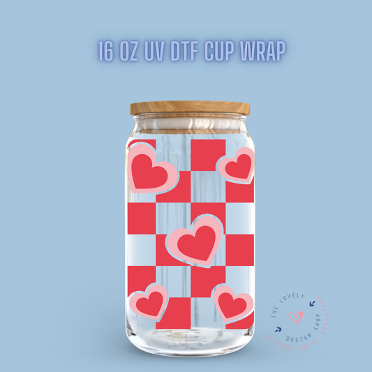 Valentine Checkered - UV DTF 16 oz Libbey Cup Wrap (Ready to Ship)