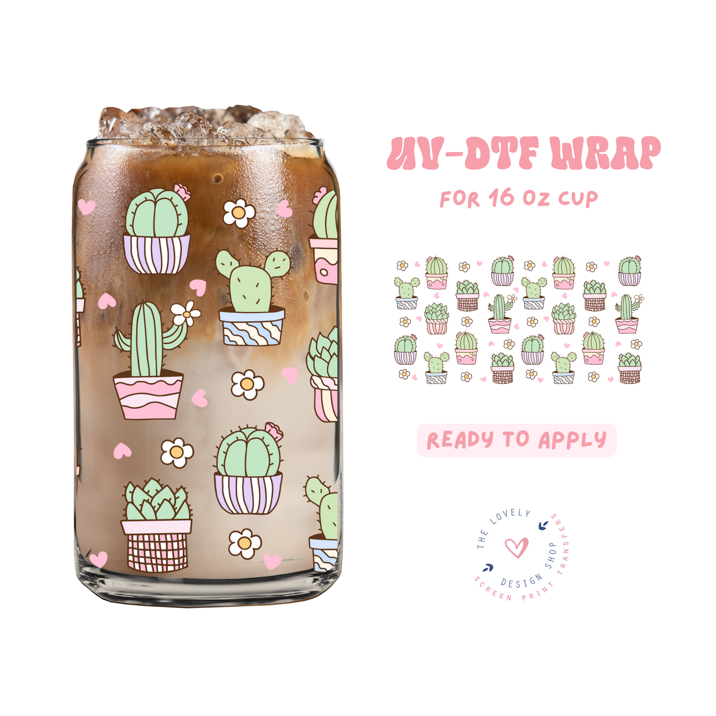 Pastel Cactus - UV DTF 16 oz Libbey Cup Wrap - Feb 24