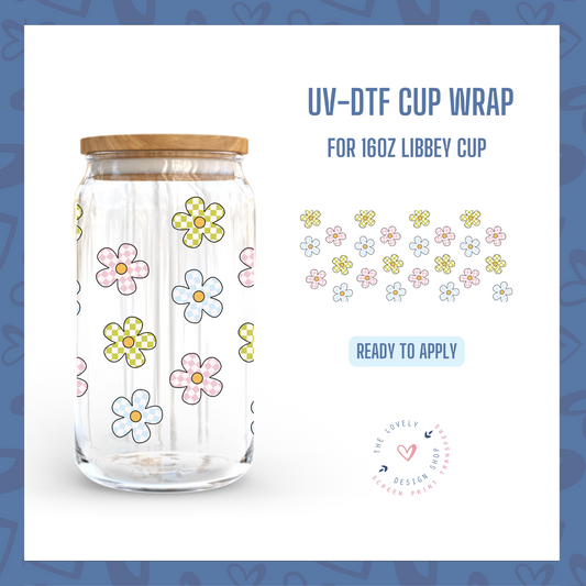 Checkered Flowers - UV DTF 16 oz Libbey Cup Wrap (Ready to Ship) Mar 19