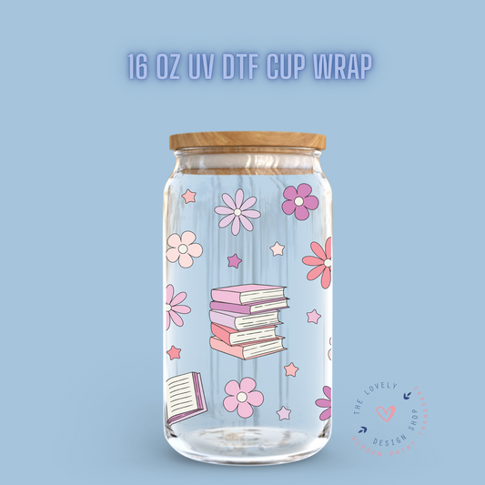 Books and Flowers - UV DTF 16 oz Libbey Cup Wrap (Ready to Ship) Feb 5