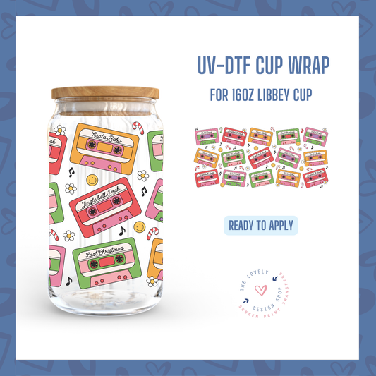 Christmas Cassette Tapes - UV DTF 16 oz Libbey Cup Wrap - Oct 15