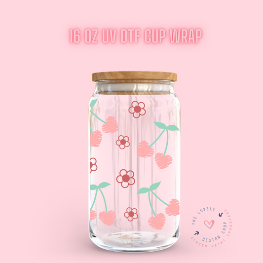 Cherry Heart and Flowers - UV DTF 16 oz Libbey Cup Wrap (Ready to Ship)