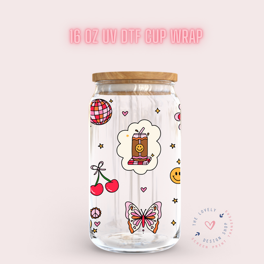 Retro Doodle Cuties - UV DTF 16 oz Libbey Cup Wrap (Ready to Ship) Jan 29