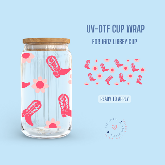 Pink Boots - UV DTF 16 oz Libbey Cup Wrap (Ready to Ship)