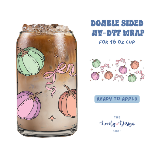 Pastel Pumpkins And Bows - UV DTF 16 oz Libbey Cup Wrap - Aug 27