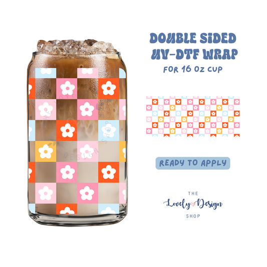Checkered Flowers - UV DTF 16 oz Libbey Cup Wrap - Aug 8