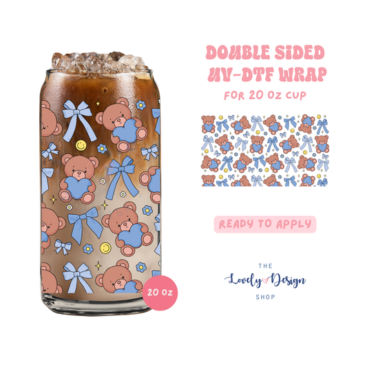 Bear And Blue Bows - UV DTF 20 oz Libbey Cup Wrap - Aug 8
