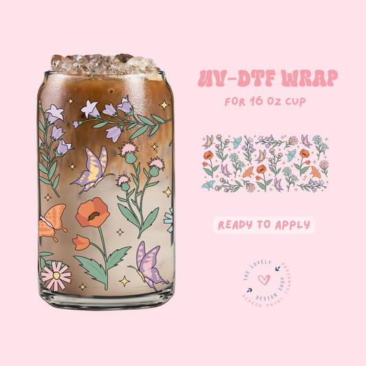 Flowers And Butterflies - UV DTF 16 oz Libbey Cup Wrap - Feb 4