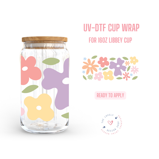 Colorful Funky Flowers - UV DTF 16 oz Libbey Cup Wrap (Ready to Ship) May 20