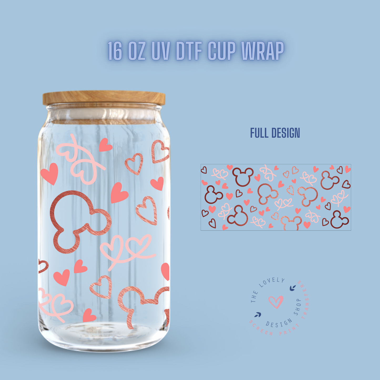 Valentines Mouse Theme - UV DTF 16 oz Libbey Cup Wrap (Ready to Ship)
