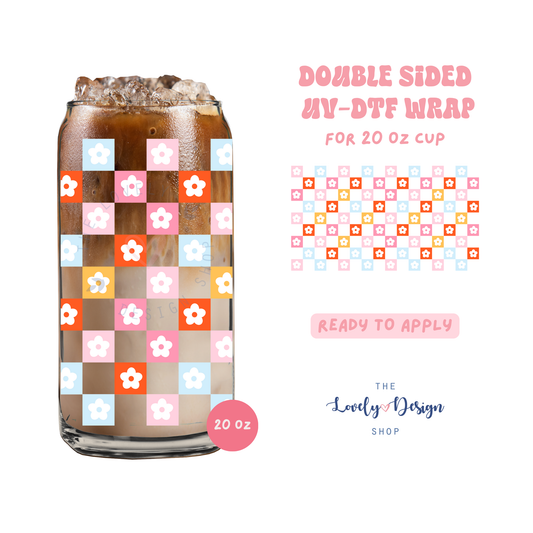 Checkered Flowers - UV DTF 20 oz Libbey Cup Wrap - Aug 8