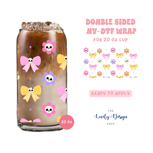 Skull Flowers And Bows - UV DTF 20 oz Libbey Cup Wrap - Aug 8