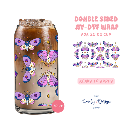 Mystical Purple Moths - UV DTF 20 oz Libbey Cup Wrap - Aug 8