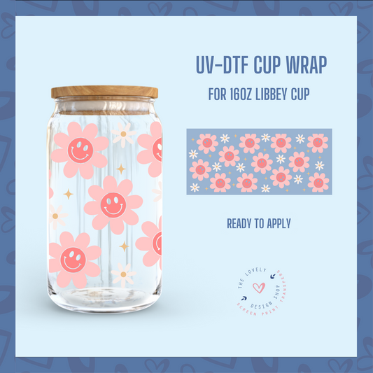 Smiley Flowers - UV DTF 16 oz Libbey Cup Wrap (Ready to Ship)