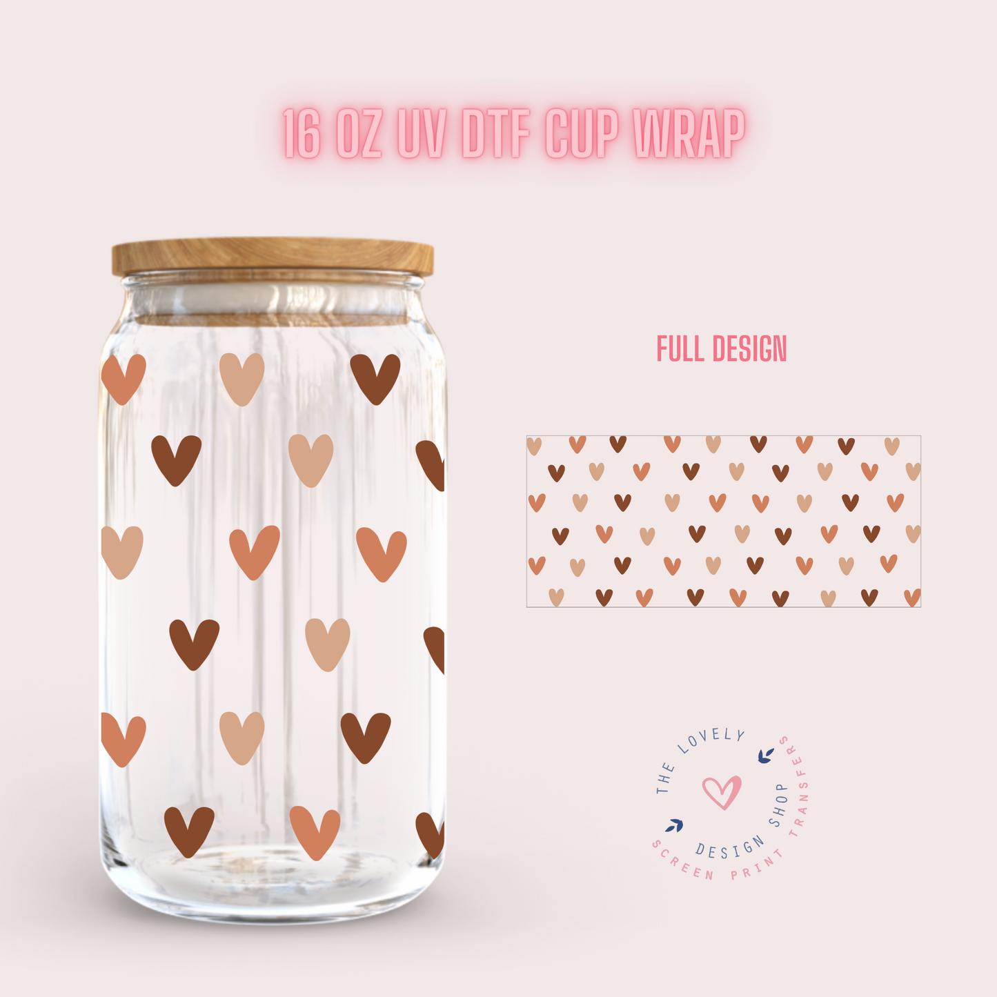 Boho Mini Hearts - UV DTF 16 oz Libbey Cup Wrap (Ready to Ship)