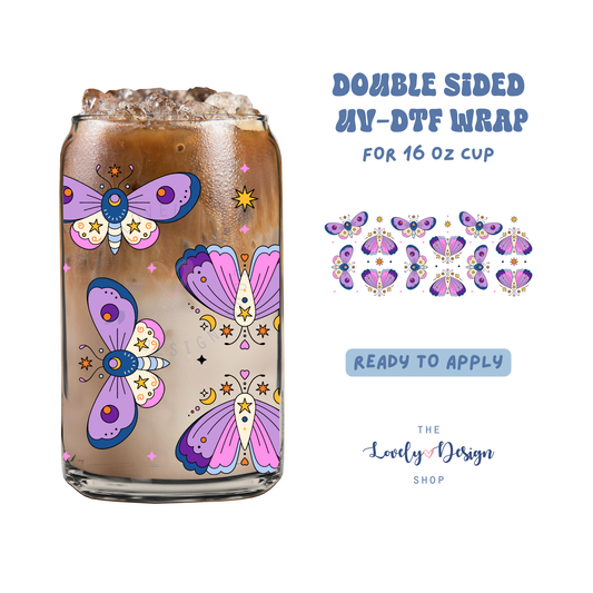 Mystical Purple Moths - UV DTF 16 oz Libbey Cup Wrap - Aug 8