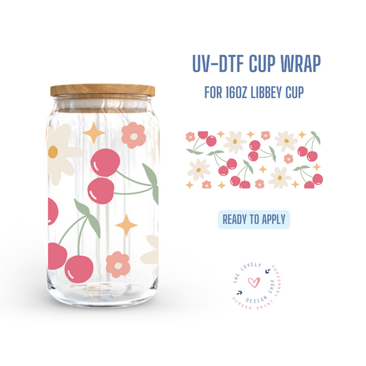 Cherries and Flowers - UV DTF 16 oz Libbey Cup Wrap (Ready to Ship)