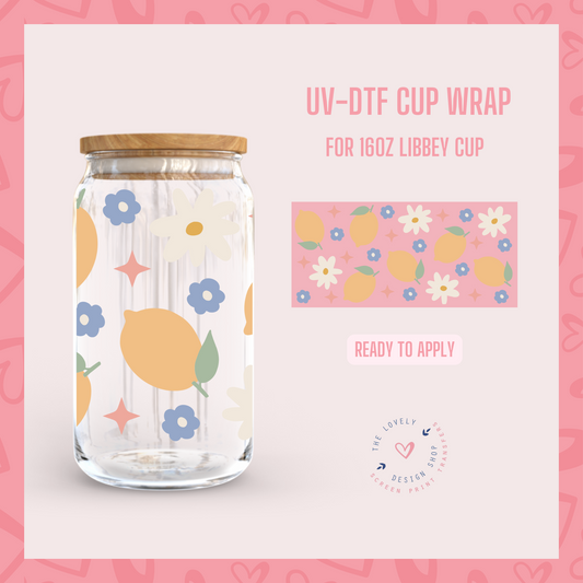 Lemons and Flowers - UV DTF 16 oz Libbey Cup Wrap (Ready to Ship)