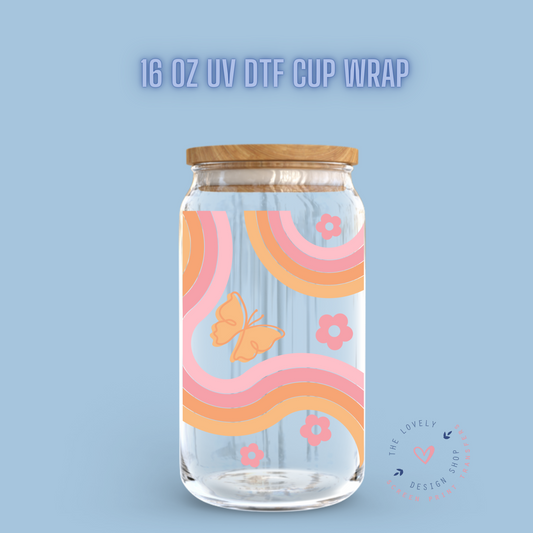 Groovy Rainbow Butterfly - UV DTF 16 oz Libbey Cup Wrap (Ready to Ship)