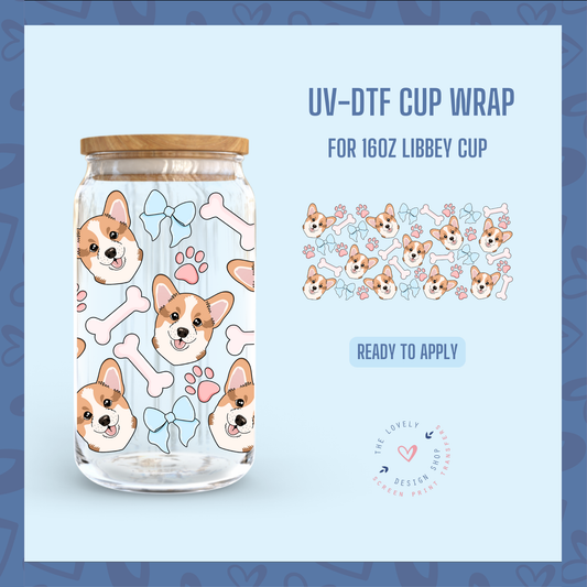 Corgi Bow & Bones! - UV DTF 16 oz Libbey Cup Wrap (Ready to Ship) Jun 24