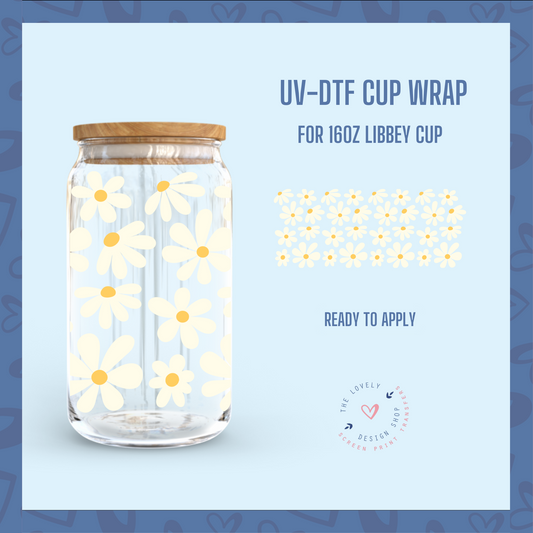 Funky White Daisies - UV DTF 16 oz Libbey Cup Wrap (Ready to Ship) Apr 1