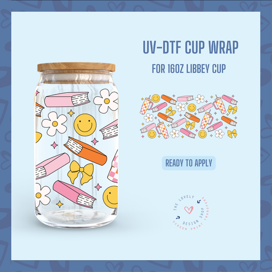 Bookish Smileys - UV DTF 16 oz Libbey Cup Wrap (Ready to Ship) Jul 1