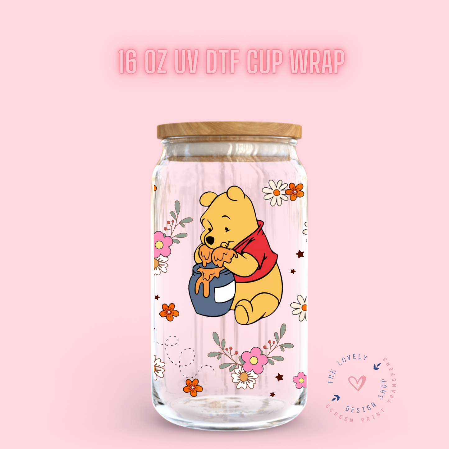 Bear Flower And Friends - UV DTF 16 oz Libbey Cup Wrap (Ready to Ship) Jan 29