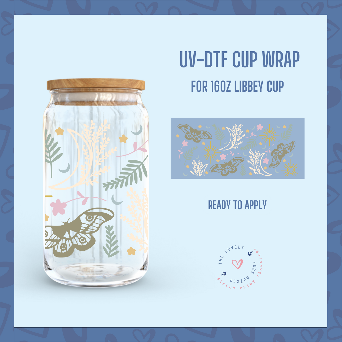 Celestial Moths - UV DTF 16 oz Libbey Cup Wrap (Ready to Ship)