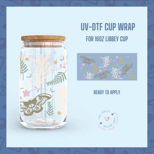 Celestial Moths - UV DTF 16 oz Libbey Cup Wrap (Ready to Ship)