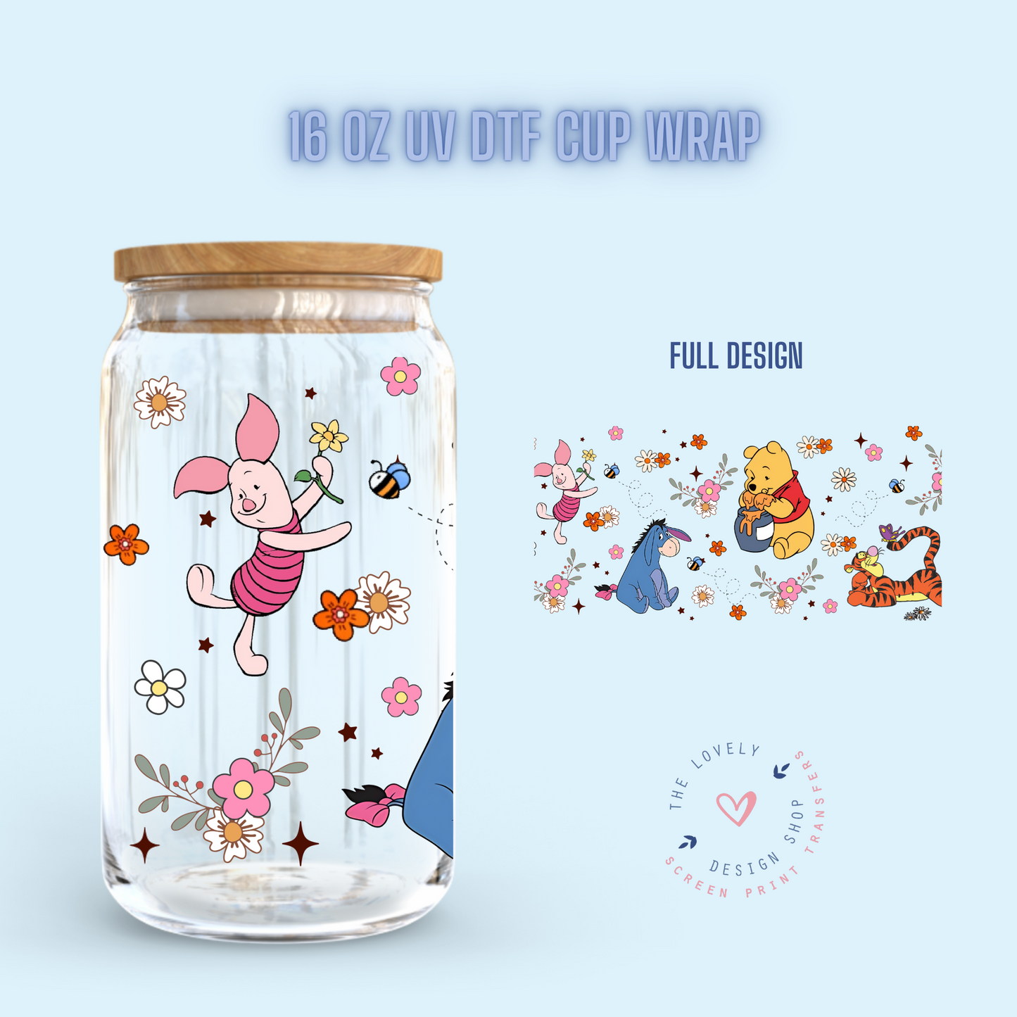 Bear Flower And Friends - UV DTF 16 oz Libbey Cup Wrap (Ready to Ship) Jan 29