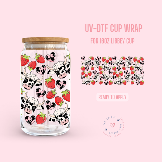 Cute Strawberry Cows - UV DTF 16 oz Libbey Cup Wrap (Ready to Ship) May 28