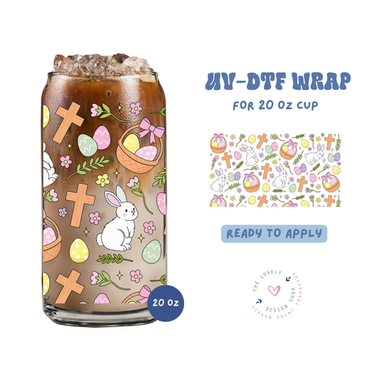 Easter Bunnies, Eggs and Cross - UV DTF 20 oz Libbey Cup Wrap - Feb 19
