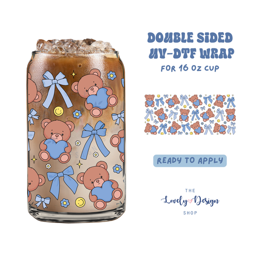 Bear And Blue Bows - UV DTF 16 oz Libbey Cup Wrap - Aug 8