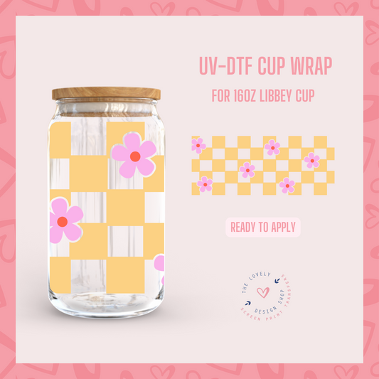 Yellow Checkered and Pink Daisies - UV DTF 16 oz Libbey Cup Wrap (Ready to Ship)