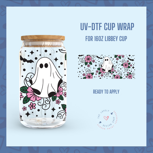 Floral Ghost - UV DTF 16 oz Libbey Cup Wrap (Ready to Ship)
