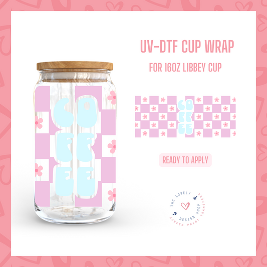 Checkered Flowers and Coffee - UV DTF 16 oz Libbey Cup Wrap (Ready to Ship)
