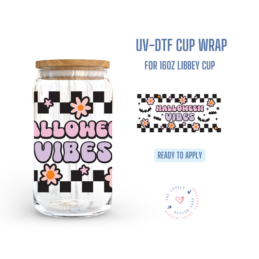 Checkered Halloween Vibes - UV DTF 16 oz Libbey Cup Wrap (Ready to Ship)