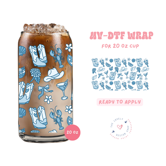Coastal Blue Cowgirl - UV DTF 20 oz Libbey Cup Wrap - Apr 23