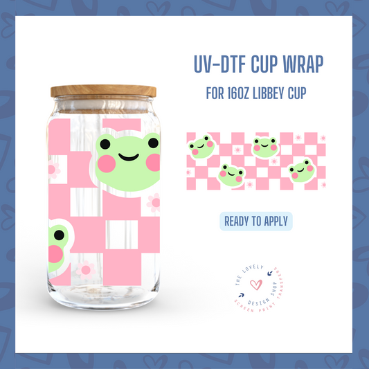 Pink Retro Frog - UV DTF 16 oz Libbey Cup Wrap (Ready to Ship)
