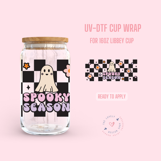 Checkered Spooky Season - UV DTF 16 oz Libbey Cup Wrap (Ready to Ship)